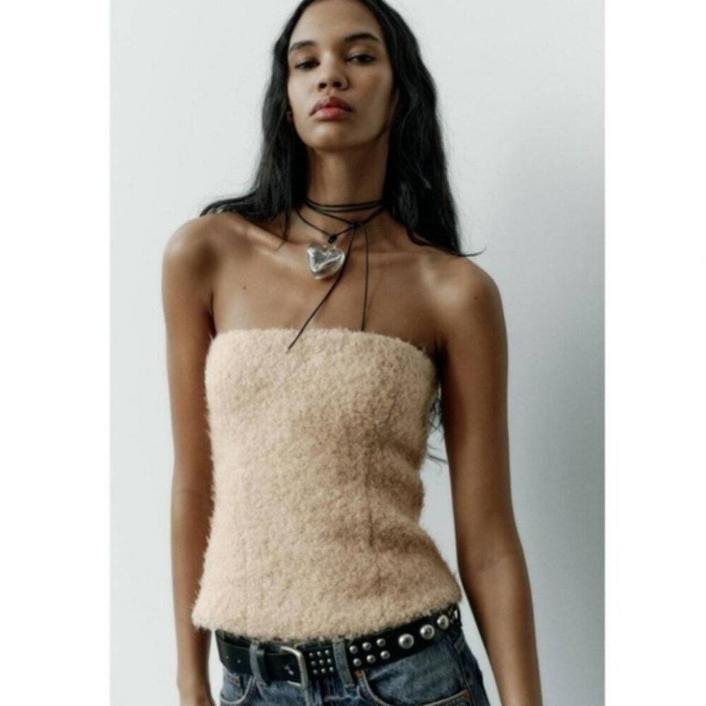 ZARA | Women's Cream/Tan Wool Blend Strapless Sherpa Teddy Bustier Top